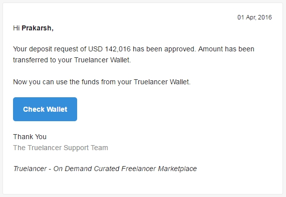 Truelancer April Fool's Prank email freelance deposit